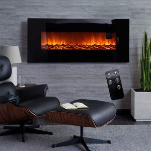 50 Inch Electric Fireplace Wall Mounted Electrical Fire Suite with Remote Control Flame Effect, Black, 220V-240V/50Hz, 900W/1800W