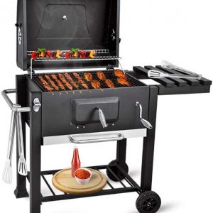 bigzzia BBQ Grill Charcoal Barbecue Grill with Side Shelf and Hook For Outdoor Backyard Cooking (Black)