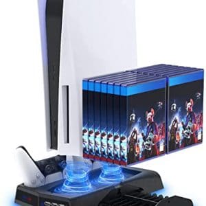 YUANHOT Vertical Stand with Cooling Fan for PS5 Console and Playstation 5 Digital Edition, Charging Station Dock with Dual Controller Charger Ports…