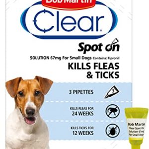 Bob Martin Clear | Spot On Flea Treatment for Small Dogs (2-10 kg) | Kills Fleas, Ticks & Lice | Fast Control, 24 Week Protection (3 Pipettes)