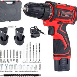 Cordless Drill Driver 12.6V, 3/8″ Chuck, 30Nm Max, Built-in LED Working Light with 2 Batteries Electric Screw Driver Set for Home DIY