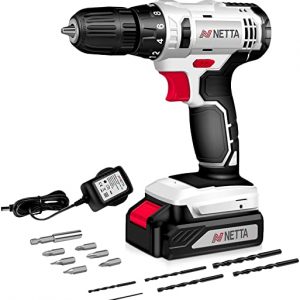 NETTA Cordless Drill Driver 13pc, 1300 mAh Li-Ion Battery 20V Lithium-Ion Combi Drill, Electric Screwdriver Accessory Kit, LED Work Light