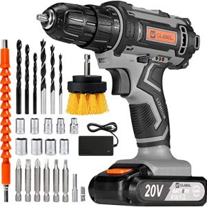 OUBEL Cordless Drill, 20V Power Drill 42 Nm, 2000mAh Battery, 1H Quick Charger, with 25 Pieces of Accessories, 3/8 inch Chuck, Brush Head and LED…