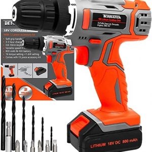 Terratek 13Pc Cordless Drill Driver 18V/20V-Max Lithium-Ion Combi Drill, Electric Screwdriver, Accessory Kit, LED Work Light, Quick Change Battery…