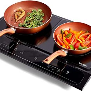 VonShef Twin Induction Hob. 2800W Portable Dual. Double Electric Cooker Hot Plate Table Top with LED Display. Built-In Timer, 10 Heat Settings